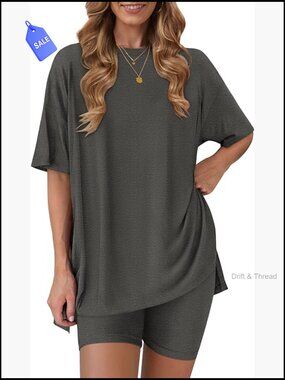 Oversized Short Sleeve Tee and Biker Shorts Lounge Set - Lightweight Stretch